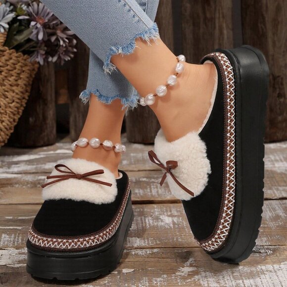 Black Casual Women's Thick Flat Suede Shearling Slippers - Picture 7 of 9